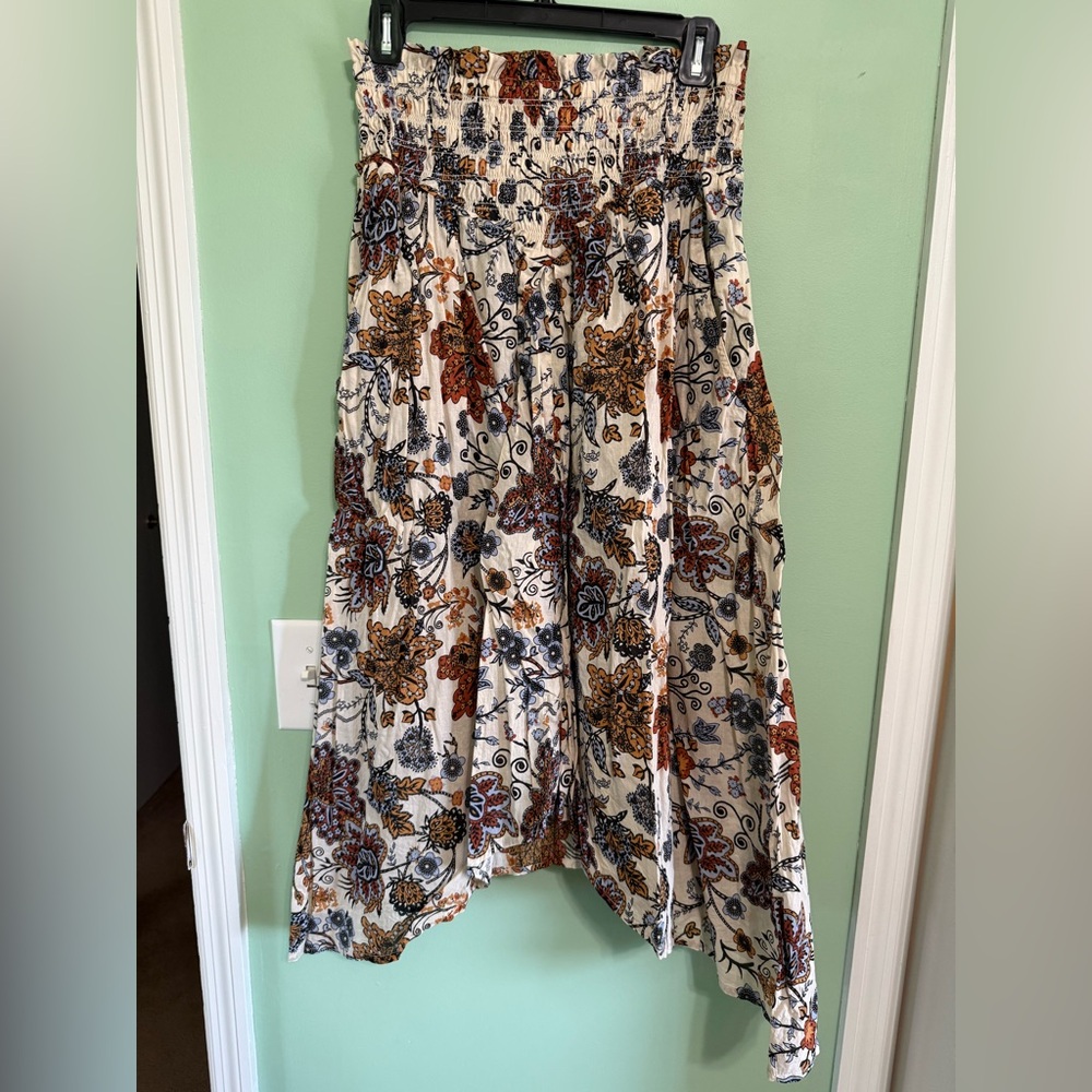 Elan Cotton Midi Skirt with Floral Pattern - Cream and Brown